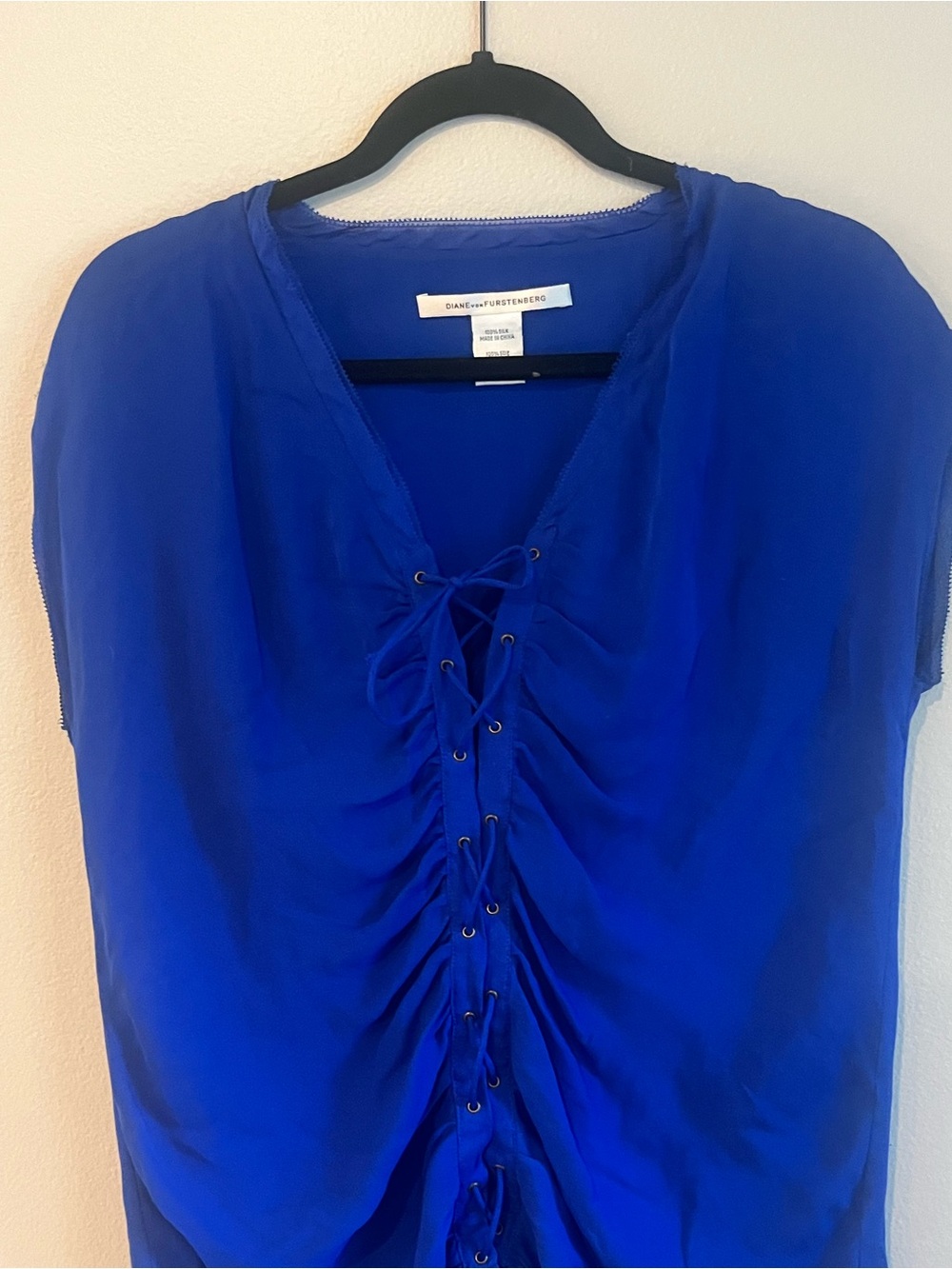 Diane von Furstenberg DVF Cobalt Blue 100% Silk Lace-Up Ruched Top Size 6